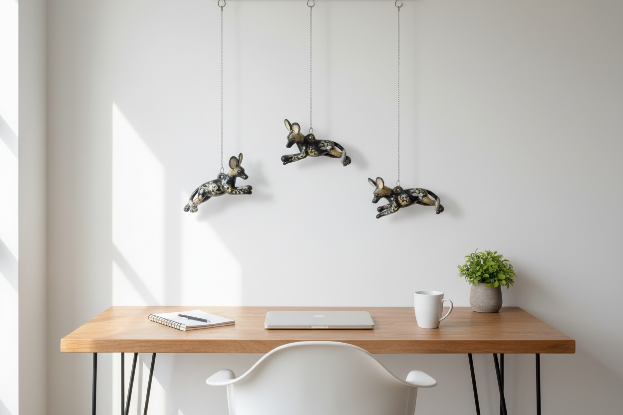 Hand-sized wild dogs above workspace