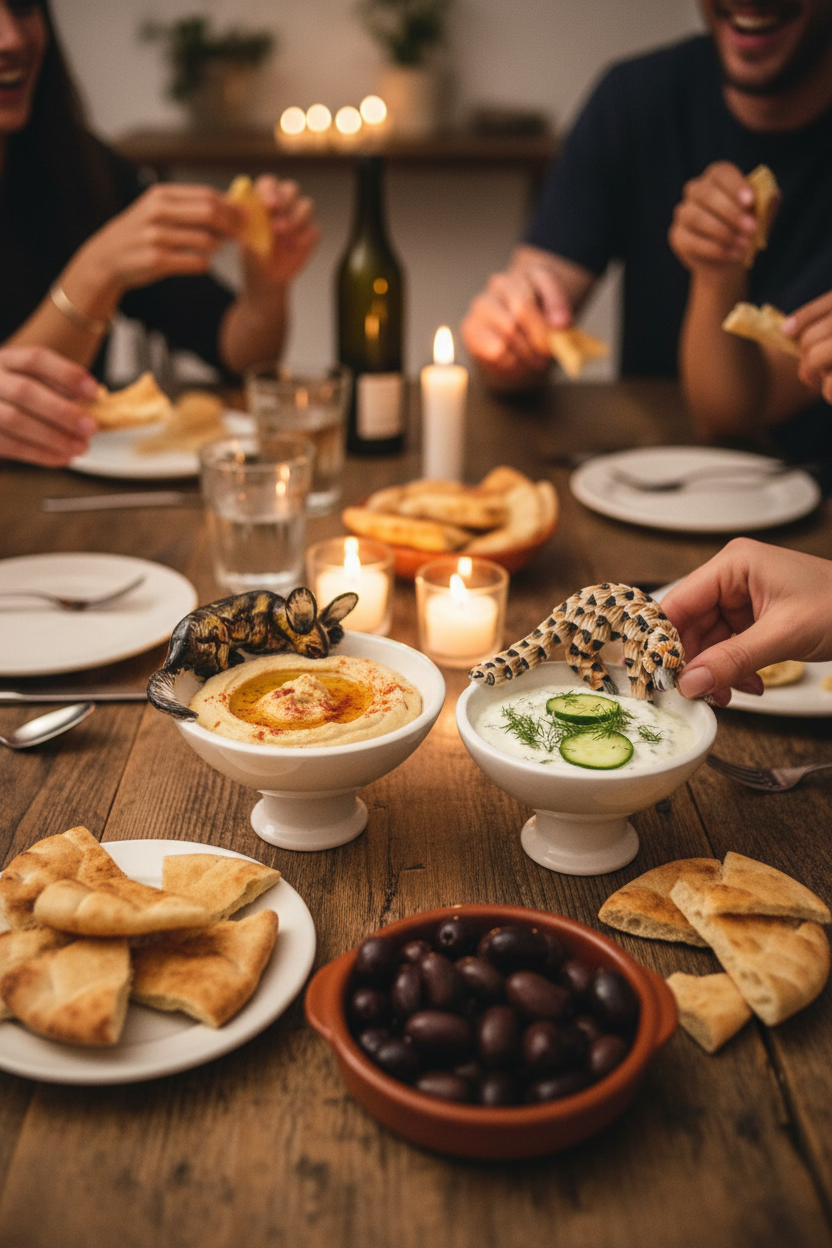 Mini raised bowls with hummus and tzatziki at a Greek dinner