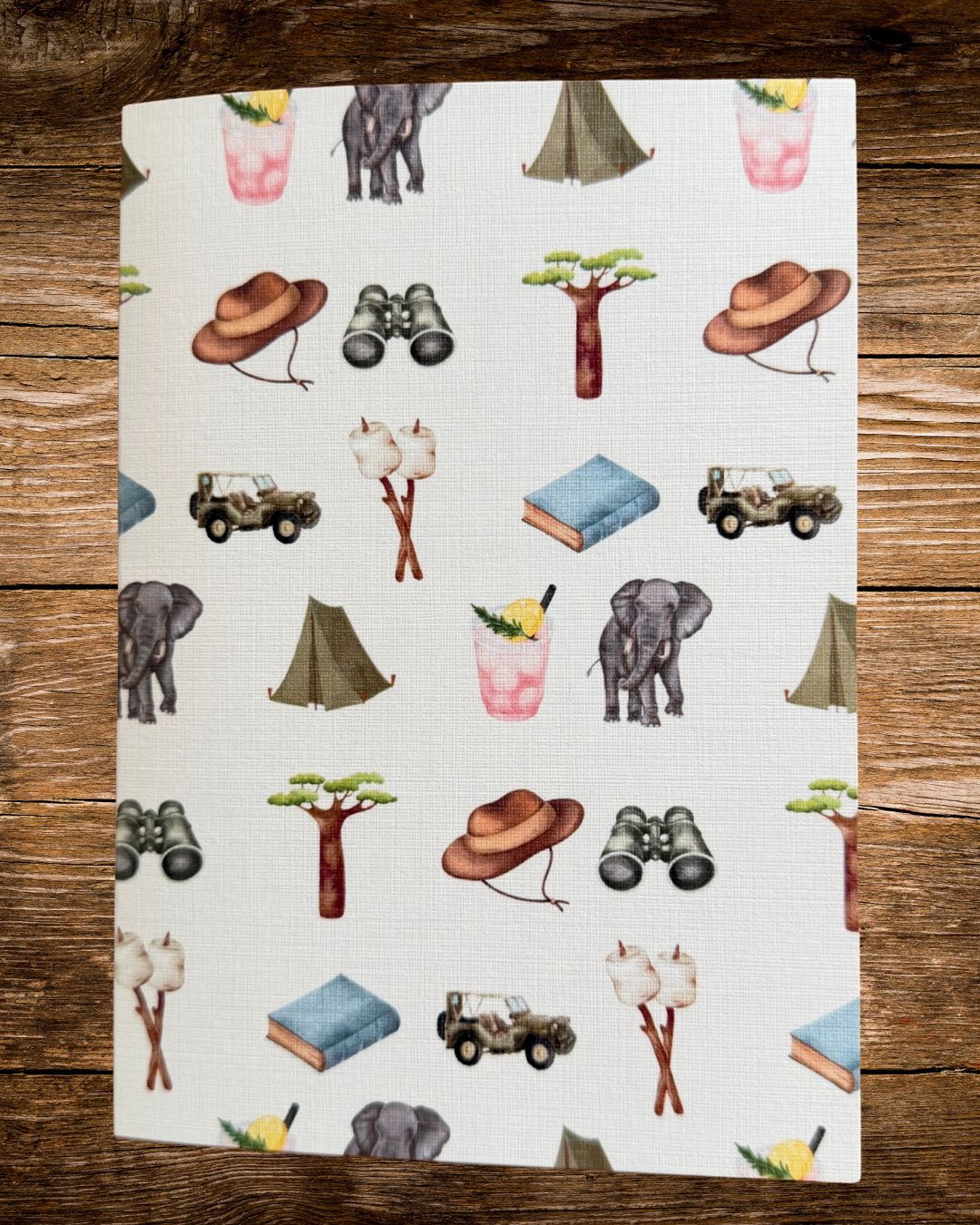 safari mix card with illustrated safari animals and gear