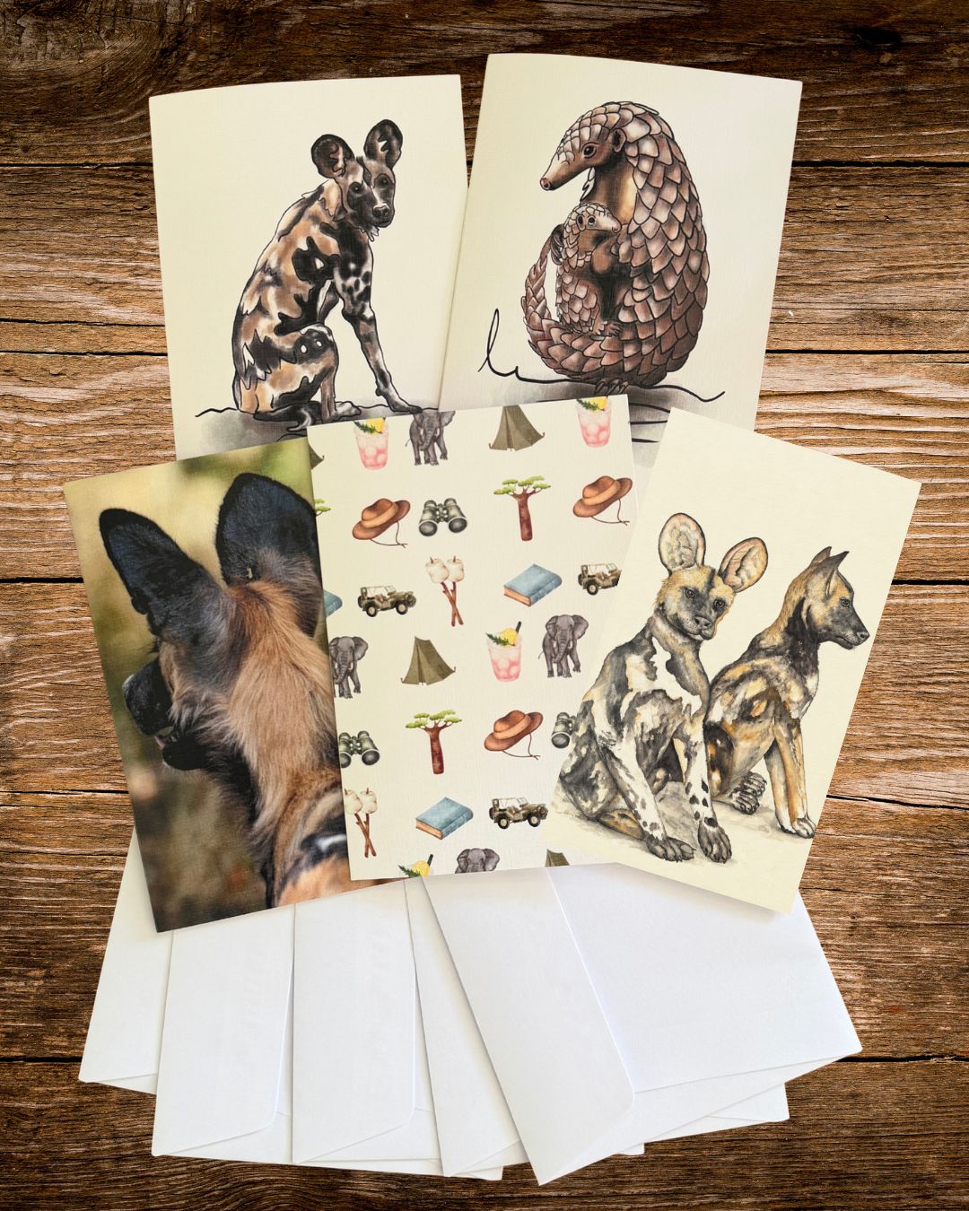 the bush set, five illustrated african wildlife cards with wild dog and pangolin artwork