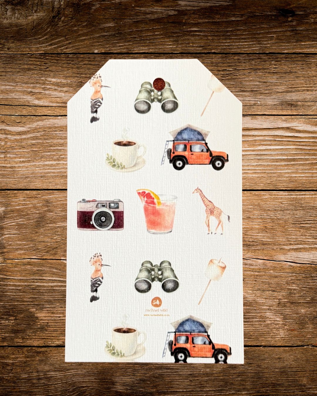 safari mix gift tag with illustrated safari animals and gear