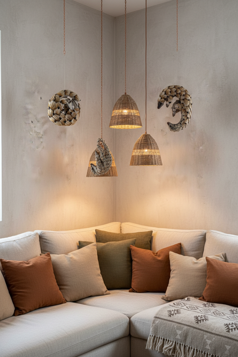 Hand-sized pangolin sculptures with woven pendants above linen couch