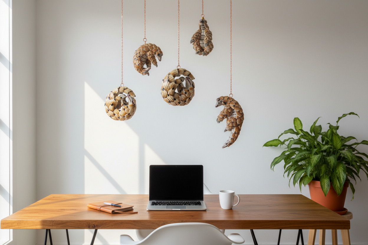 Hand-sized pangolins above workspace