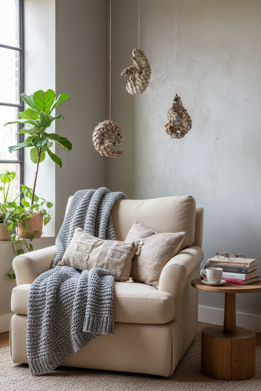 Hand-sized pangolins in cozy reading nook