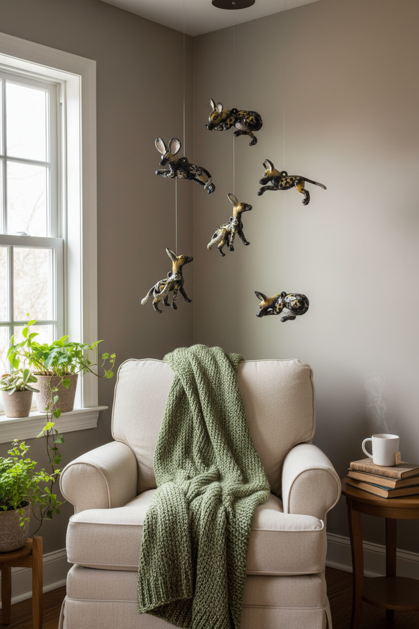 Hand-sized wild dogs in cozy reading nook