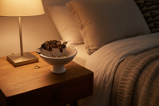 Mini raised bowl with jewelry on bedside table