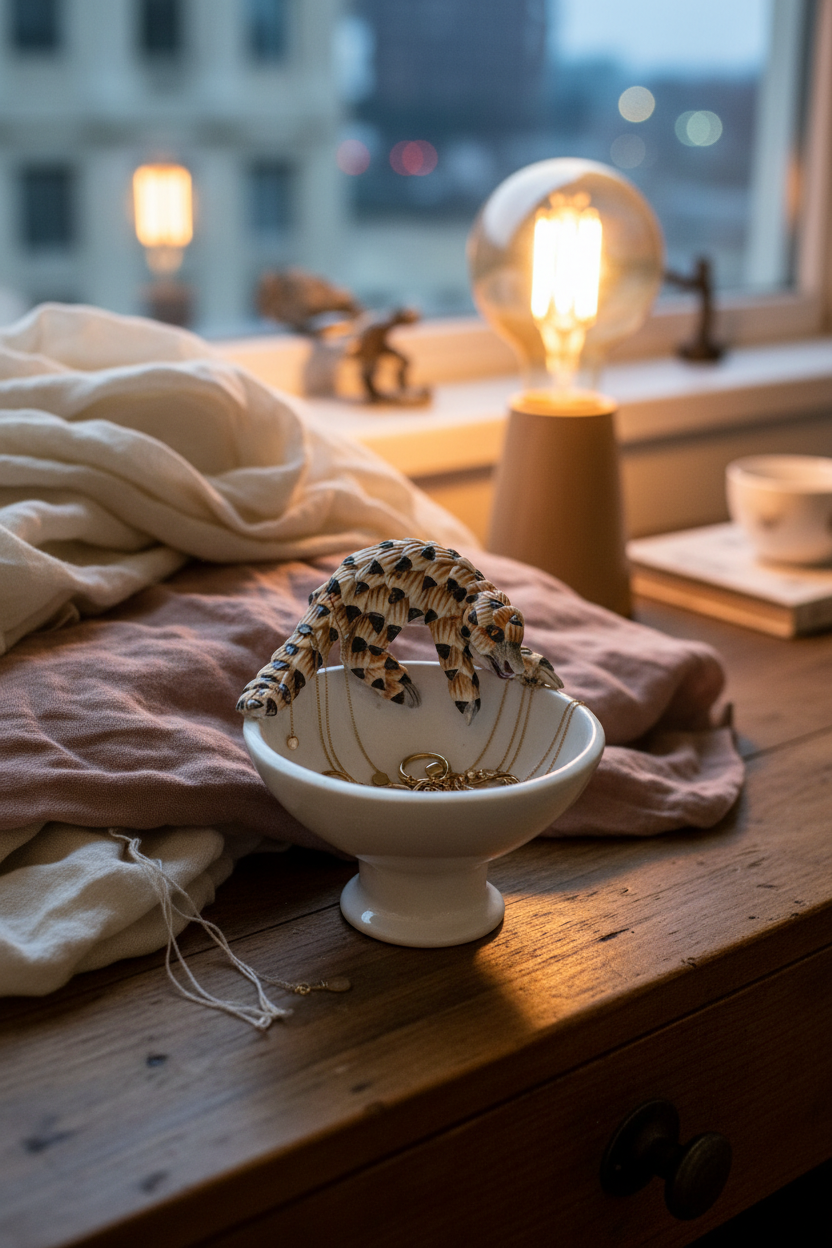 Mini raised bowl with jewelry on bedside table