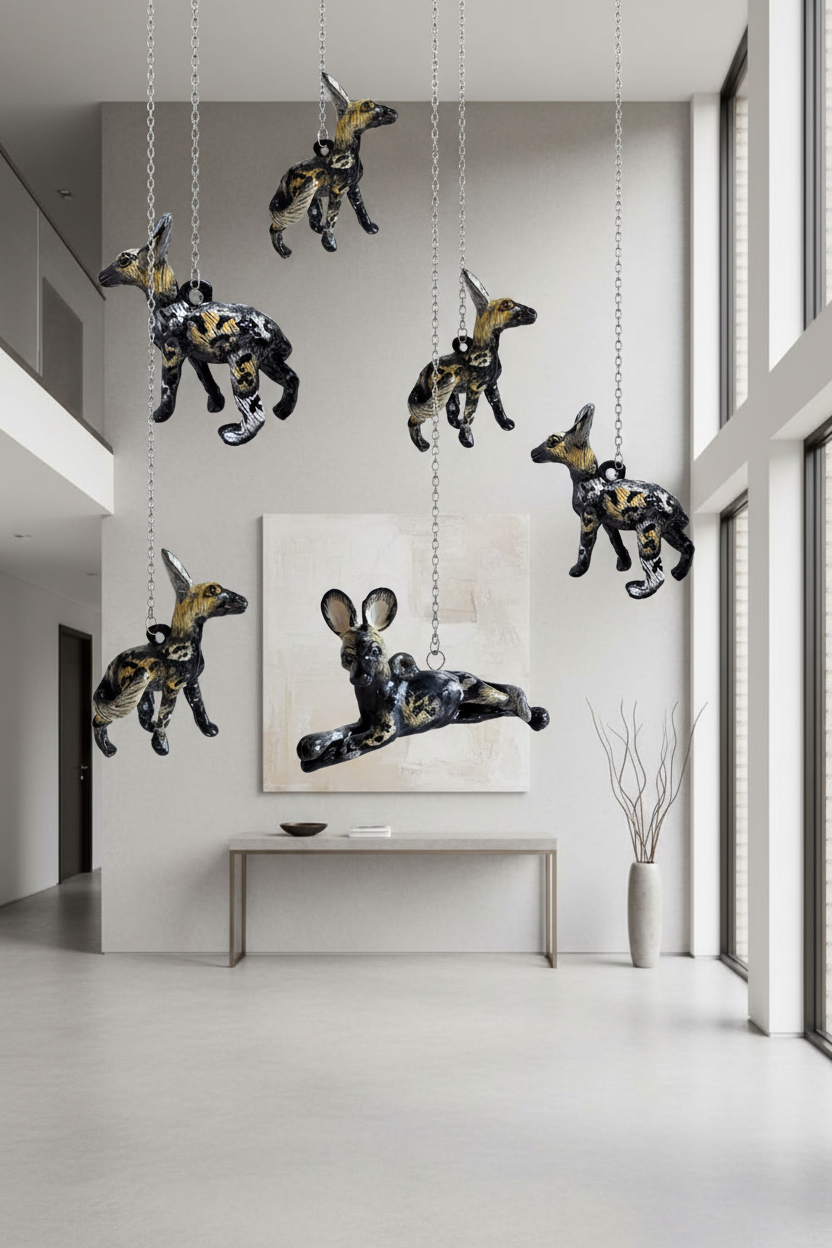 Multiple hanging wild dog sculptures at different heights