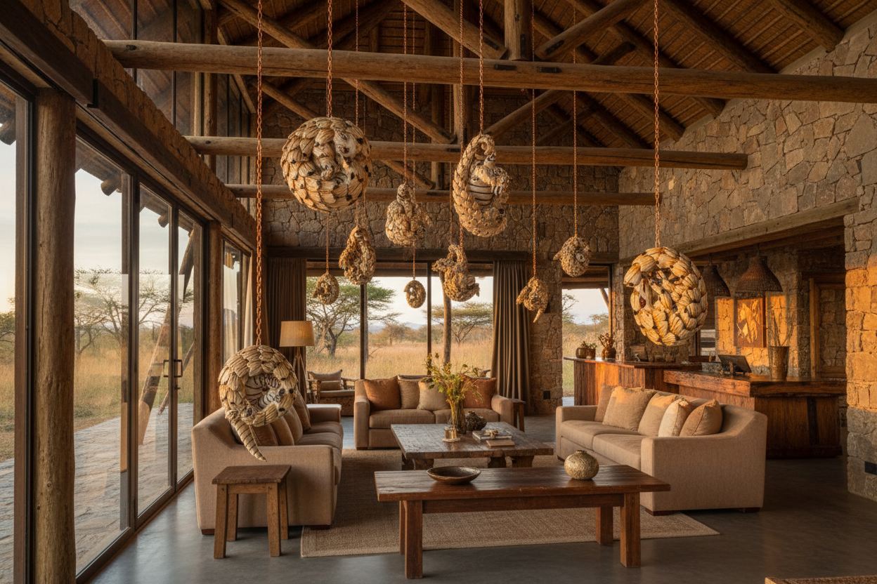 Multiple unique pangolin sculptures in bush lodge reception