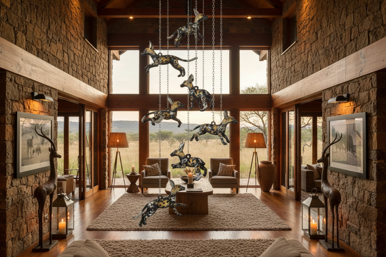 Multiple unique wild dog sculptures in bush lodge reception