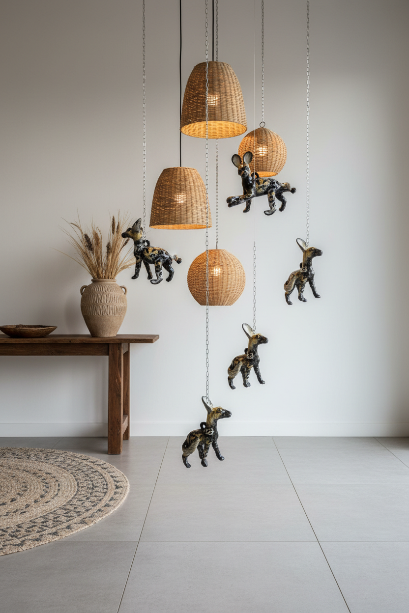Wild dog sculptures with grass pendant lights in corner